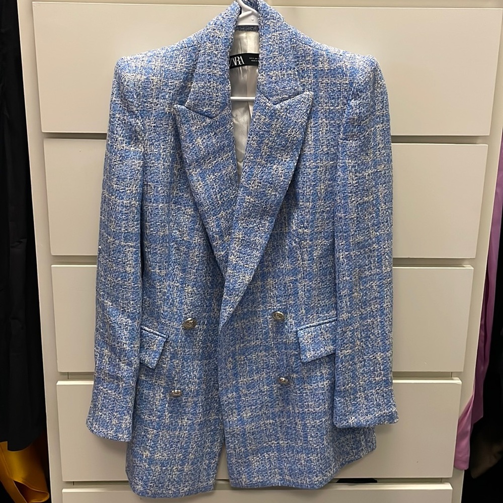 Zara blue and white tweed blazer size S.